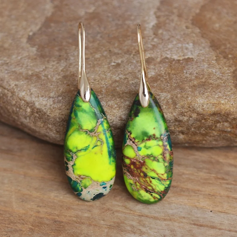 Boucles D'oreilles Goutte En Jaspe Vert Naturel (green Jasper) - Marque Dodo - Neuf Avec étiquettes