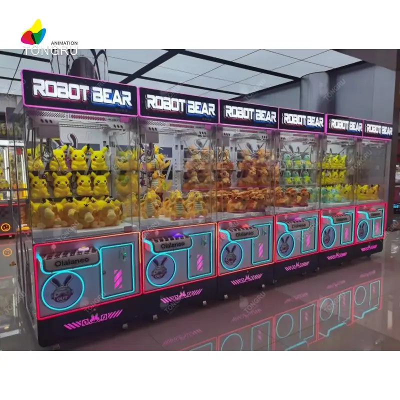 Luminous Crane Toy Coin-Operated Arcade Prize Vending Game Top Box Teddy Bear Claw Machine for Kids Game Centers Made of Plastic