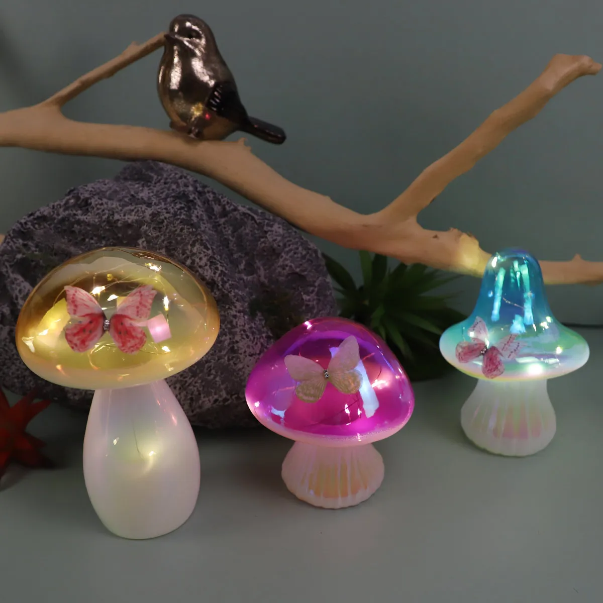 2024 Spring Easter Hand-blown Colored Delicate Mushroom Shape Ornament With Butterfly For Desktop Decoration Shiny Led Lighted