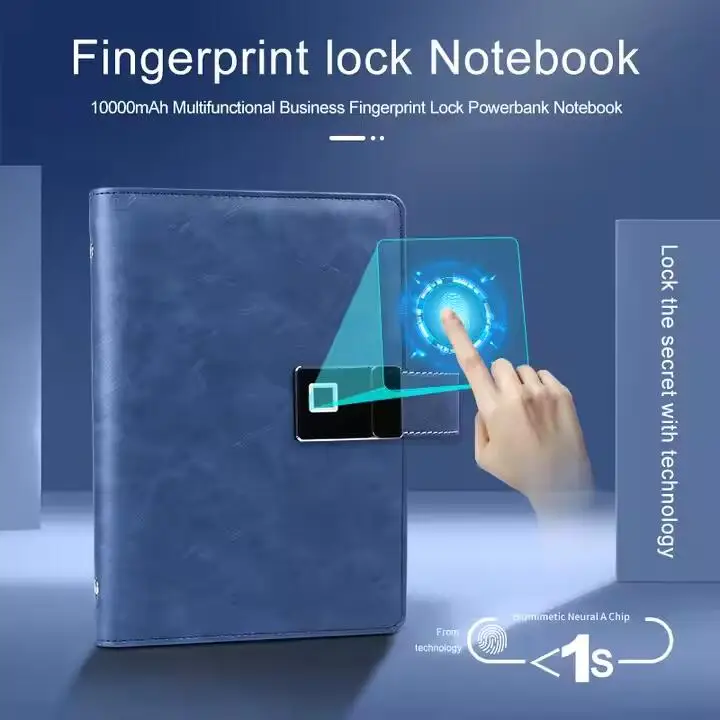 Design LED Logo Diary With Power Bank Fingerprint Lock Diary 2024 Hot Sales and New Travel Gift Leather Hardcover Password Lock
