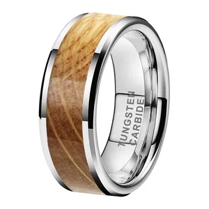 Coolstyle Jewelry 6mm 8mm Tungsten Carbide Ring for Men Women Wedding Band Whisky Barrel Oak Wood Inlay Beveled Comfort Fit