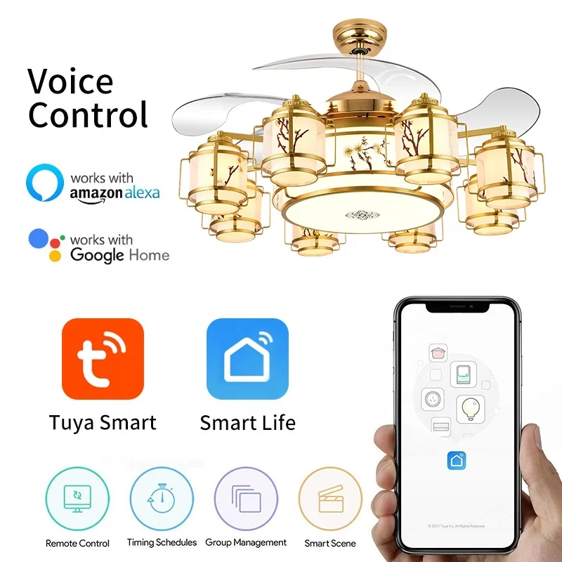 Chinese Style Fan Lamp 42inch Ceiling Fan With Light and Remote Control Traditional 2 in 1 Fan Light for Dining Living Room