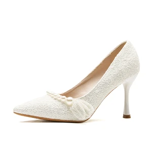 Stylish White Solid Lace Pumps with Pointed Toe Stiletto Heel Pearl and Lace Accent Height Increasing Wedding Bridal Shoes