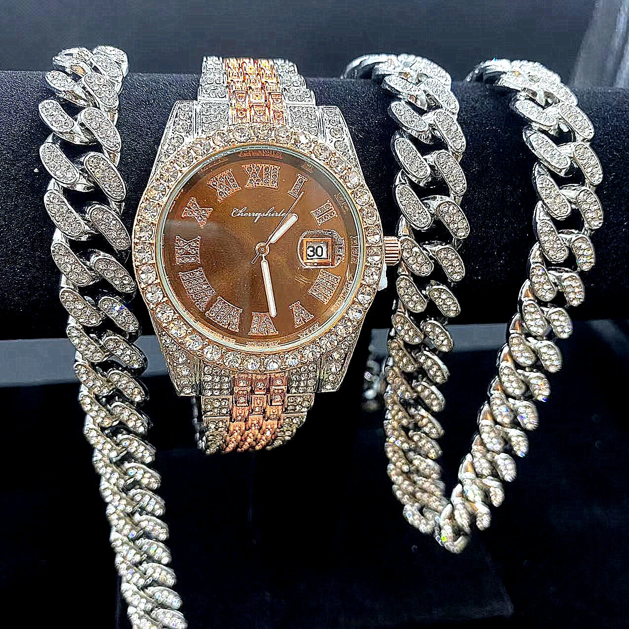 Full Iced Out Watches Men Wrist Luxury Watch Cuban Link Chain Bracelet 