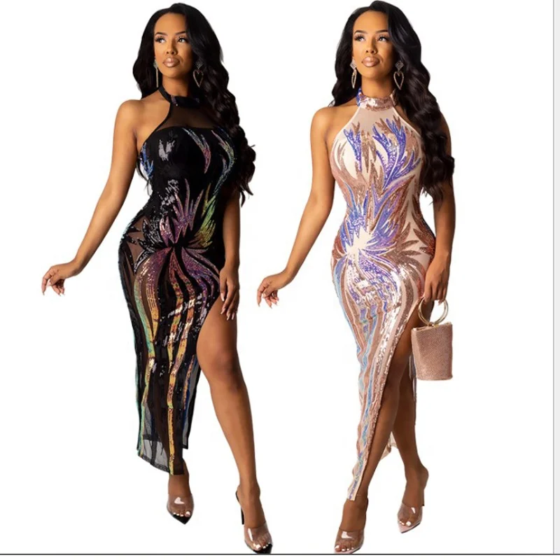 halter slit side sequin party dress