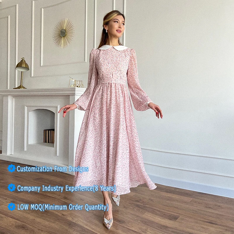 High Quality Fashion Casual Modest Peter Pan Collar Long Sleeves Floral Print Flare Maxi Long Dress Apparel for Women High Quality Fashion Casual Modest Peter Pan Collar Long Sleeves Floral Print Flare Maxi Long Dress Apparel for Women