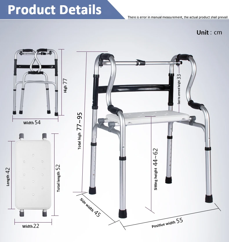 Adjustable height aluminum walker rollator folding walker adult light weight walking aid factory