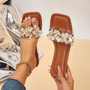 2026 QuiteS New Korean Style Square-Toe Slip-On Sandals Medium Thick-Soled Casual Slides Transparent Strap Flat Fashion Trend