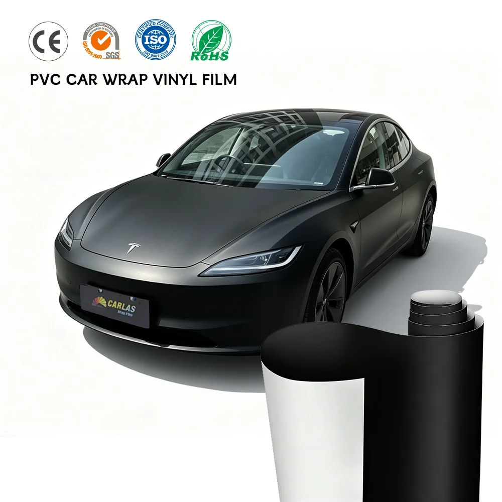 Carlas 1.52x16.5m Roll Pvc Car Wrapping Film Frosted Black Vinyl Wrap Anti-Scratch Removable
