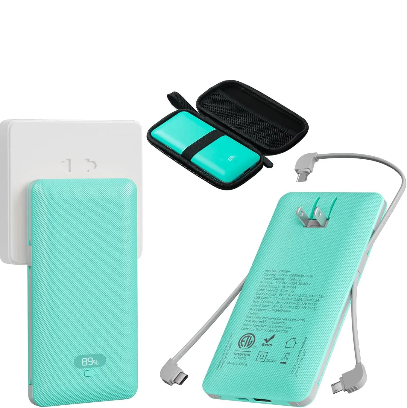 PD20W Power Bank 10000mAh Built-in 3 Cables & USB-A+C Ports, with AC Plug Portable Charger Digital Display Business Gift PB180P