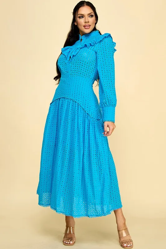 Vintage-style Cotton Dress With Lace Cutouts And Ruffled Hem Button Decoration Natural Waistline 100% Woven Cotton - Image 4