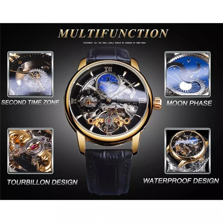 Forsining GMT1195 Dual Time Zone Mechanical Watch Black Gold Leather Band Moon Phase Tourbillon Waterproof Automatic Watch