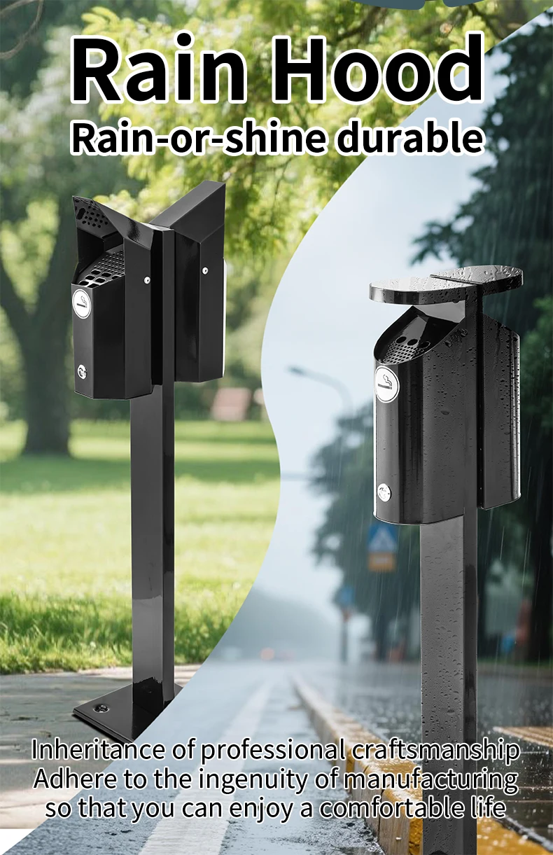 Black Galvanized Steel Sidewalk Ashtray Fireproof Ashtray for Smoking Area Two Trash Bin Smoking Column Accept Fixed on
