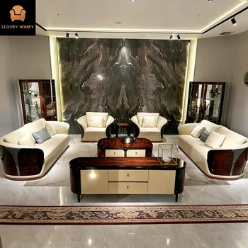 Luxury Homey European Style Modern Chesterfield Leather Sofa Set with Wood Legs for Living Room Apartment & Hotel Use