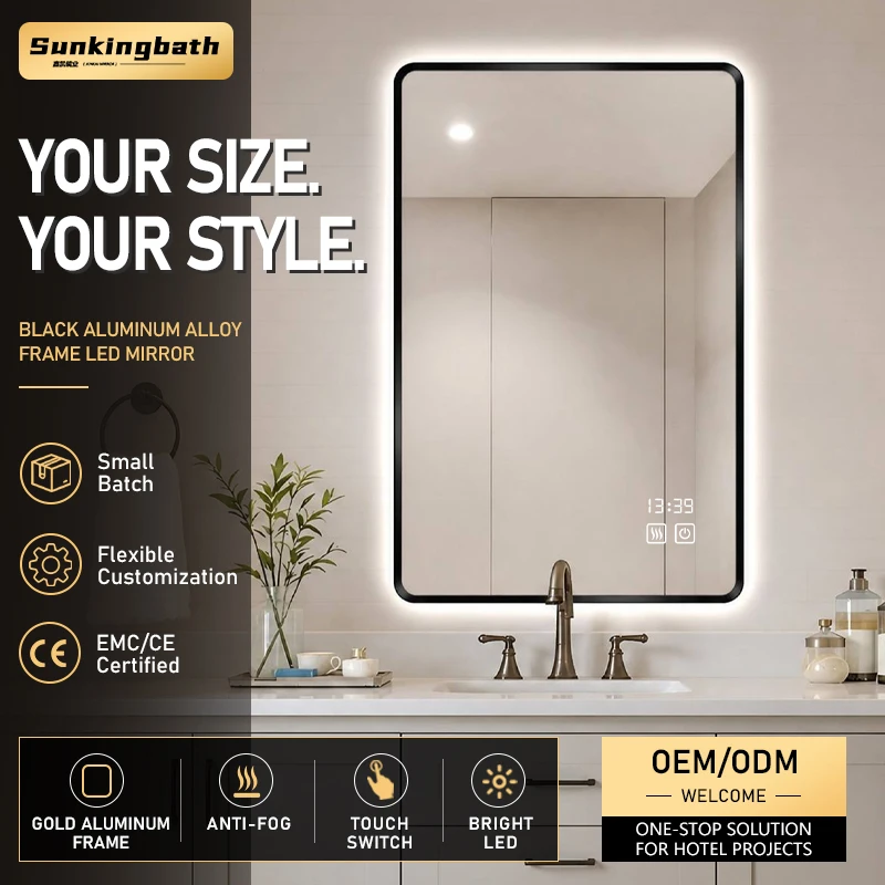 Homestay Project Led Bathroom Mirror Black Aluminum Alloy Framed Mirror UK Plug Rectangle Touch Button Smart Mirror with Time