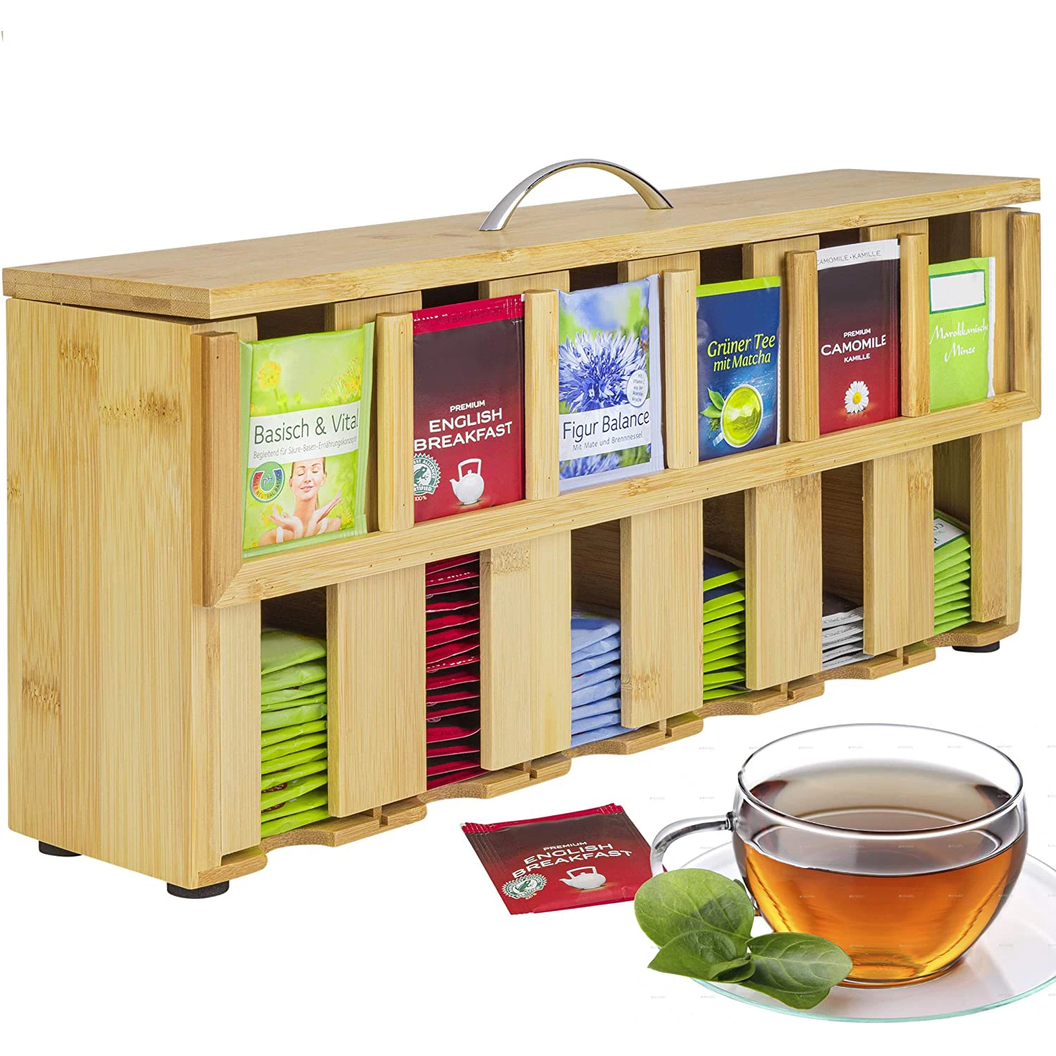 Caja té, Caja para guardar bolsas de té e infusiones, Caja bambú,  Organizador té 4052025274818