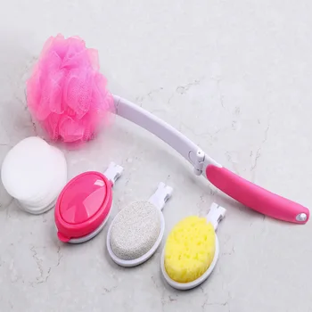 5 pcs Bath Body Shower Brush Set Brush Sponge Pumice Head with Foldable Long Handle