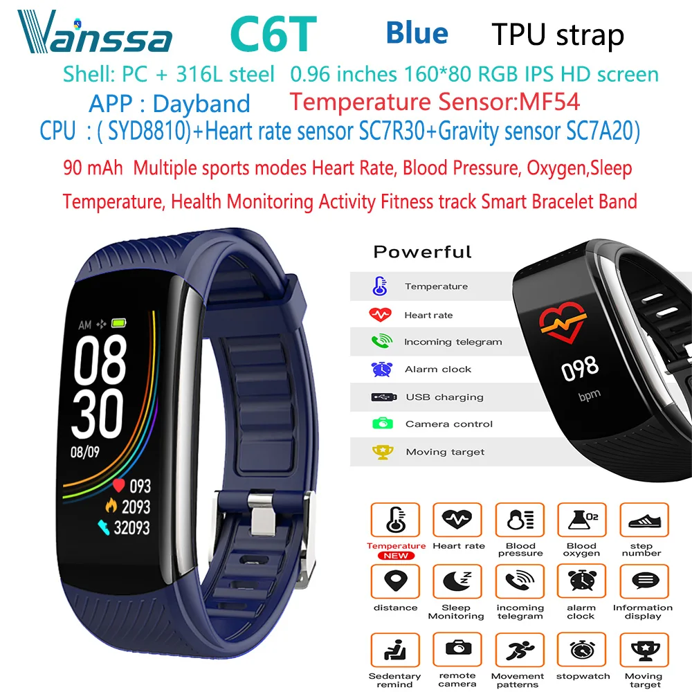 Temperature Sensor Smartband C6t Vanssa Smartwatch Factory