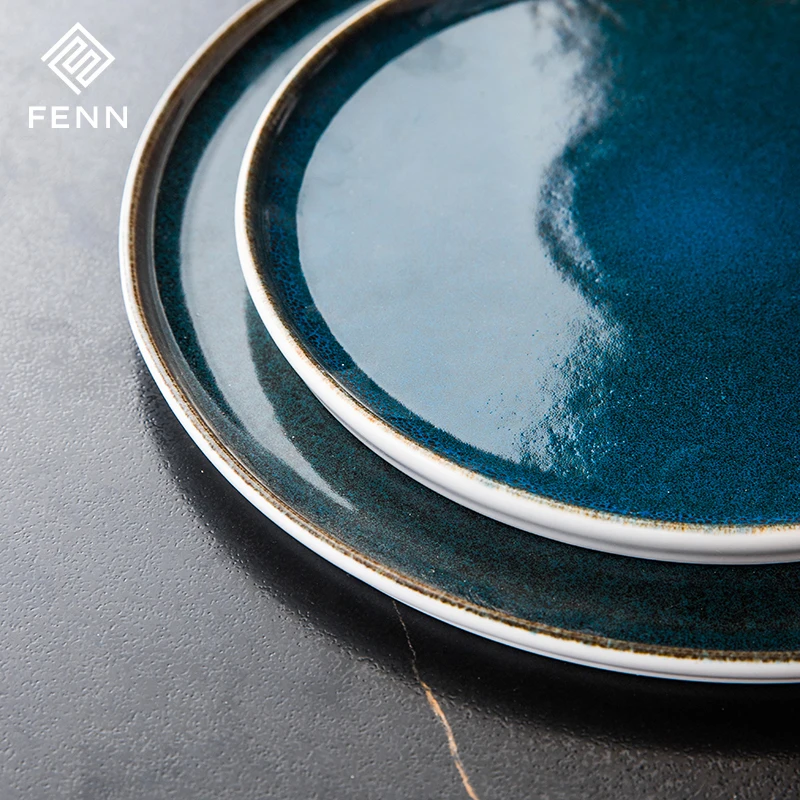 Modern Unique Reactive Blue Color Dining Room Dinner Plates High Straight Edge Round Steak Plate Hotel Used Pasta Plate Ceramic