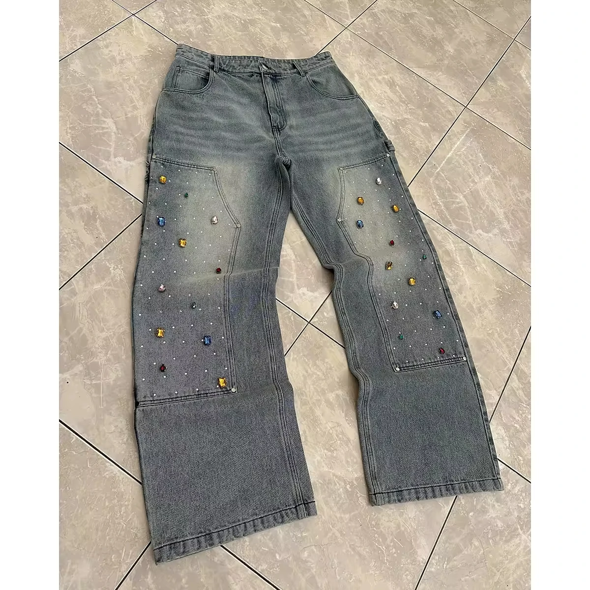 SALATI Distressed Straight Acid Wash Baggy Cargo Jeans Unisex Wide Leg Pants Rhinestone Double Knee Denim Carpenter Pants Men