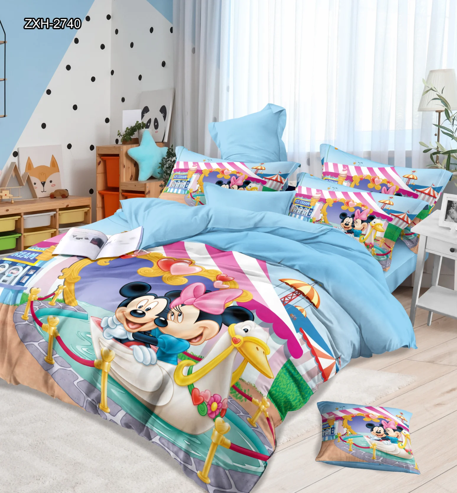 Lilo Stitch Blue Cartoon Digital Printing 3-Piece Bedding Set Duvet Cover Pillowcase Polyester Filling Folded Kids Bedding