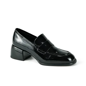 Women's Black Action Leather Square Toe Loafers-Chunky Block Heel Comfort Slip-On Office Casual Dress Shoes