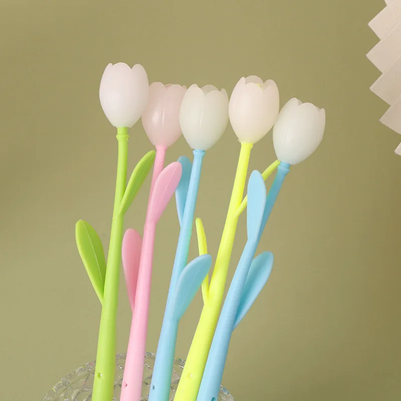 Creative Fresh Tulip Flower Gift Student Stationery Signature 0.5mm Changes Color Exposed Light Plastic Black Gel Pen_voghion.com