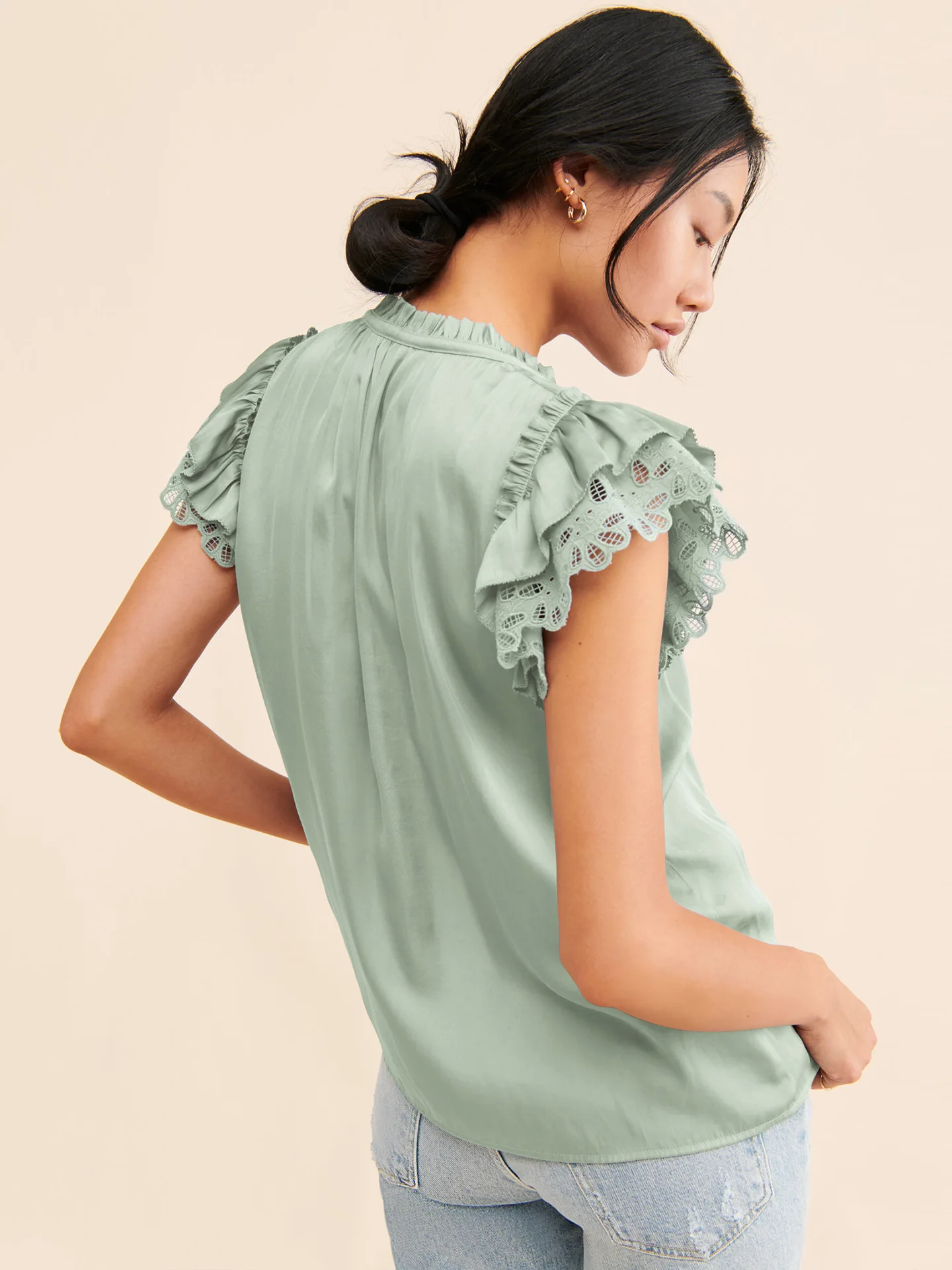 GMD 2023 Summer hot sale New V Collar lace-up flounce sleeve casual fashion women's clothing satin