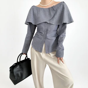 Custom Women's Blue Striped Off-Shoulder Ruffled Blouse with Waist-Cinching Design