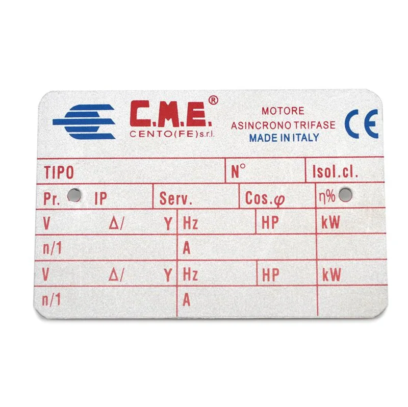 Custom Electric Motor Metal Aluminum Nameplate Logo Label Emblem Badge Tag Sign Engraved Blank Adhesive Machine