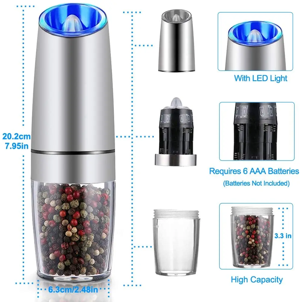 Gravity Electric Pepper and Salt Grinder Set, Battery Operated Pepper Mill  with Blue LED Light, One Hand Operation, Flip to Grind, Adjustable