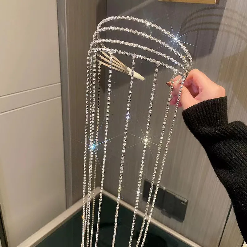 Hot Shiny Rhinestone Headband Hair Chain Long Tassel Women  display picture 1