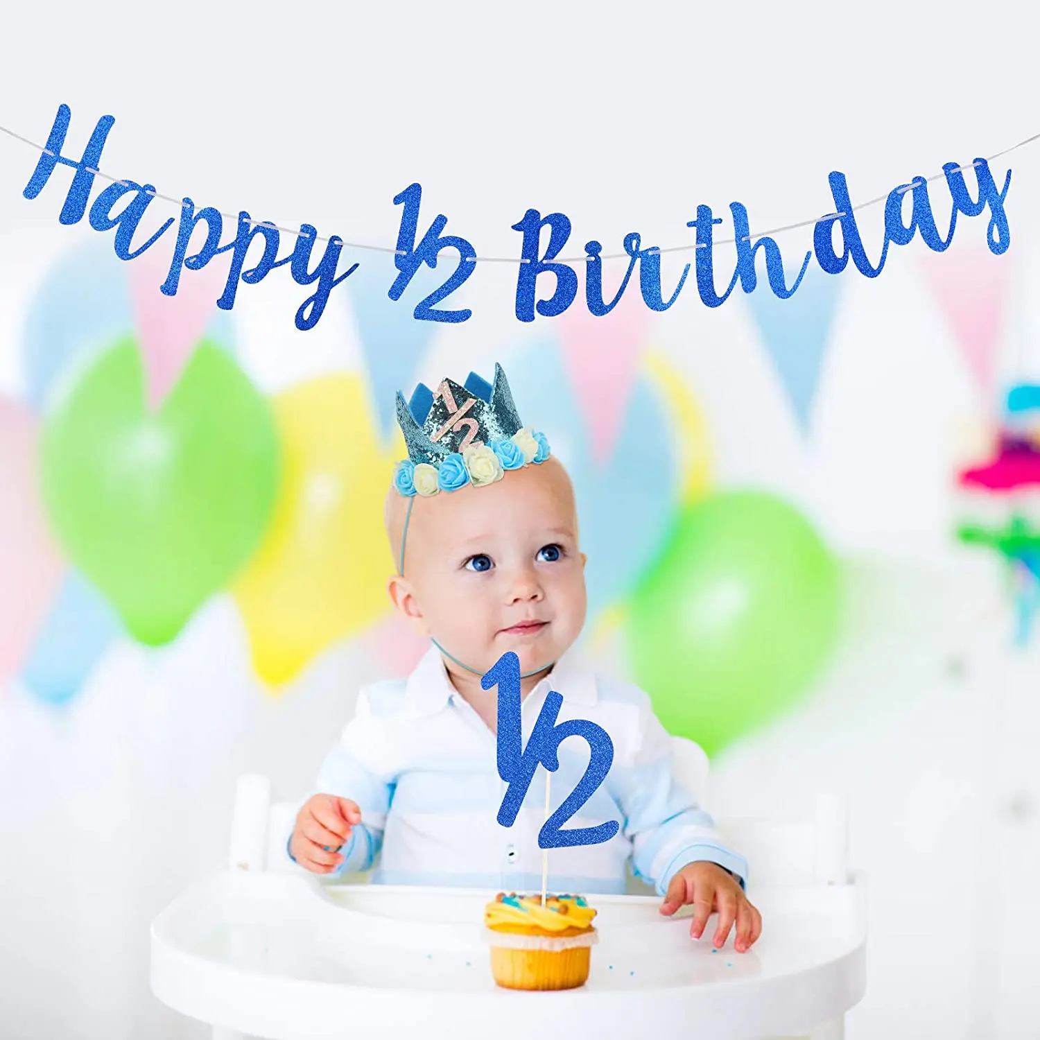 1/2 bleu gâteau topper moitié anniversaire bannière couronne pour bébé  garçon 6 mois heureux 1/2 moitié fête d'anniversaire fournitures  décorations