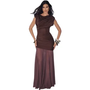 2026 New Autumn Women's Anti-Wrinkle Elegant Maxi Knitting Bodycon O-Neck Sleeveless Pleated Slit Slim Dress