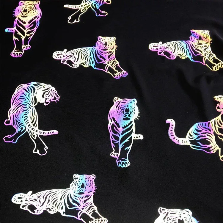 Black rainbow Colored Reflecting Colorful Sun Flower Print High Light Retro Reflective Polyester Spandex Fabric for Clothing