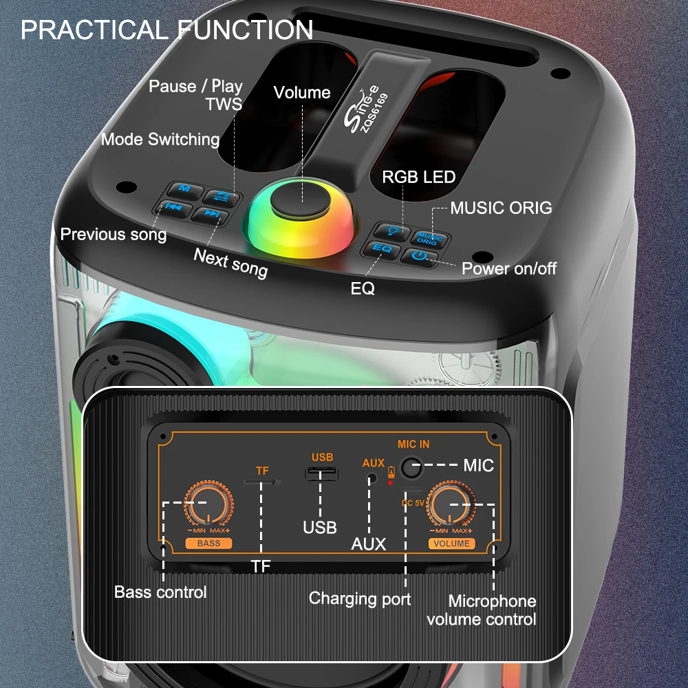 SING E ZQS6169 Wireless Speaker - Portable Karaoke Player with
