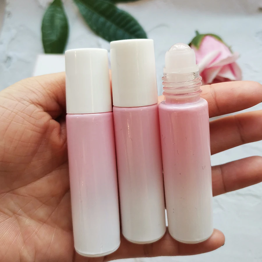 10ml Gradient White-Peach Roll on Glass Bottle with Gem Stone Roller & White Cap Cylinder Essential Oils Perfume Bottles