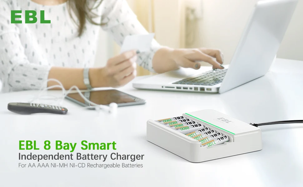 EBL Battery Charger, 8-Bay Individual Batteries Charger for AA AAA NiMH  NiCD Rechargeable Batteries with AC Plug Cable