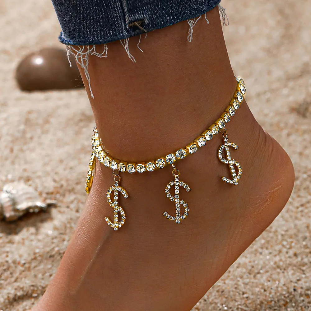 Wholesale Creative Iced Out Crystal Dollar Sign Charm Anklets For