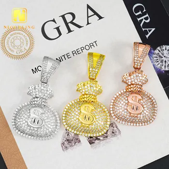 Cheap price fashion dollar pendant 925 sterling silver gold plated moissanite diamond charm&pendant for men CZ money bag pendant
