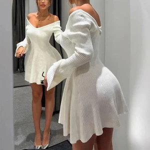 Women's Elegant Ribbed Knit A-Line Mini Dress V-Neck Sweater Casual Style Wholesale for Autumn Luxury Evening Wear