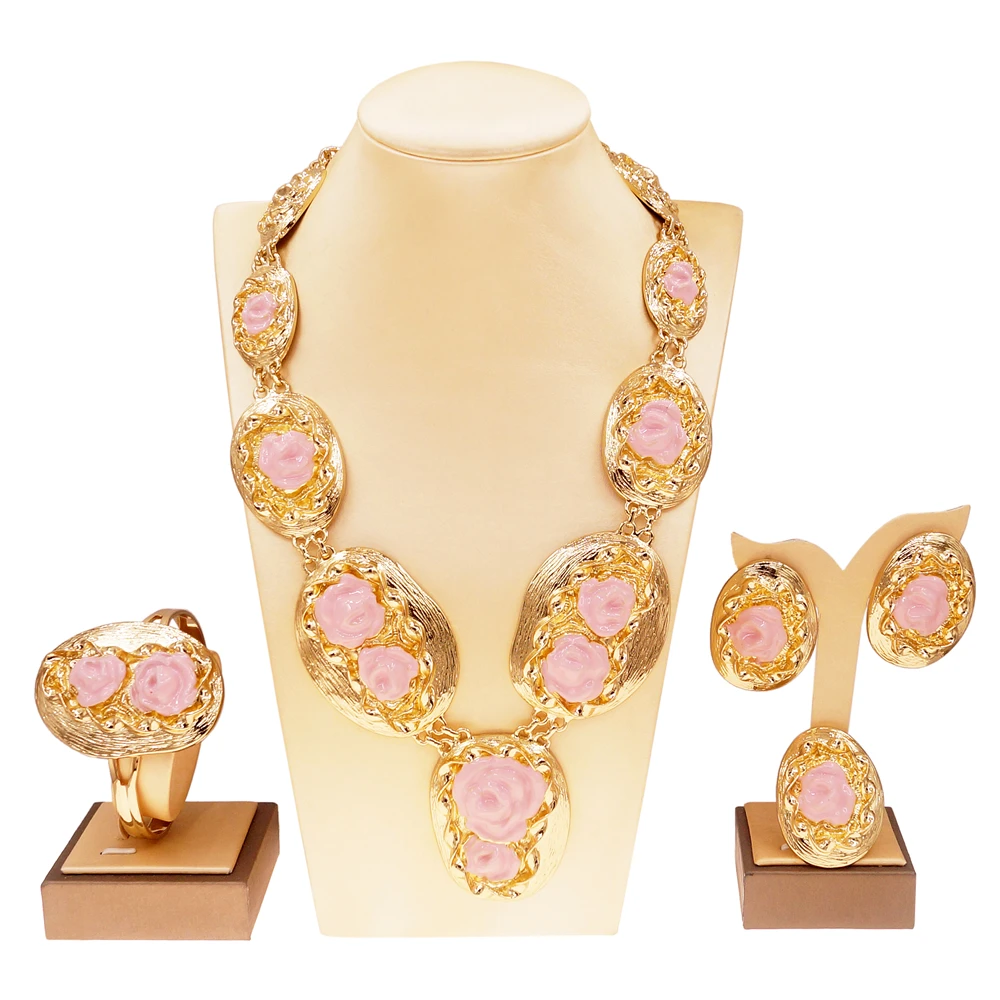 Zhuerrui Necklace Bracelet Earrings Ring Bridal Western Heavy Wedding Fine Jewelry Set Two Tone Italian Gold Jewelry Sets H00615