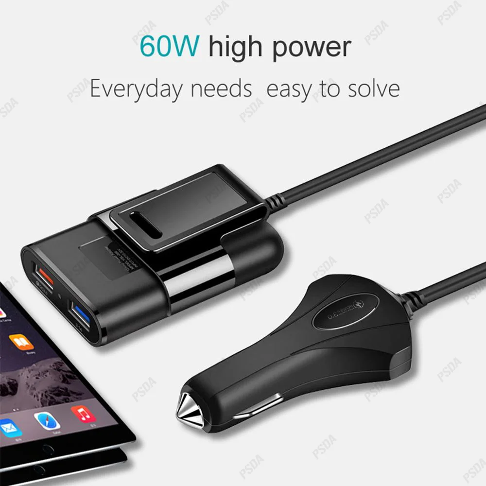 60 Вт 4 порта с удлинительным шнуром 6 футов для зарядки заднего сиденья зажимом телефона смартфона Быстрая зарядка 3 0 Автомобильное зарядное устройство А