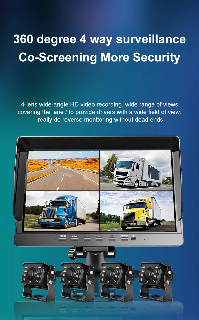 1080P Vehicle Safety Monitoring System 10.1 Inch Quad Split Screen Display with DVR Recording RV Van Truck Camera Monitor