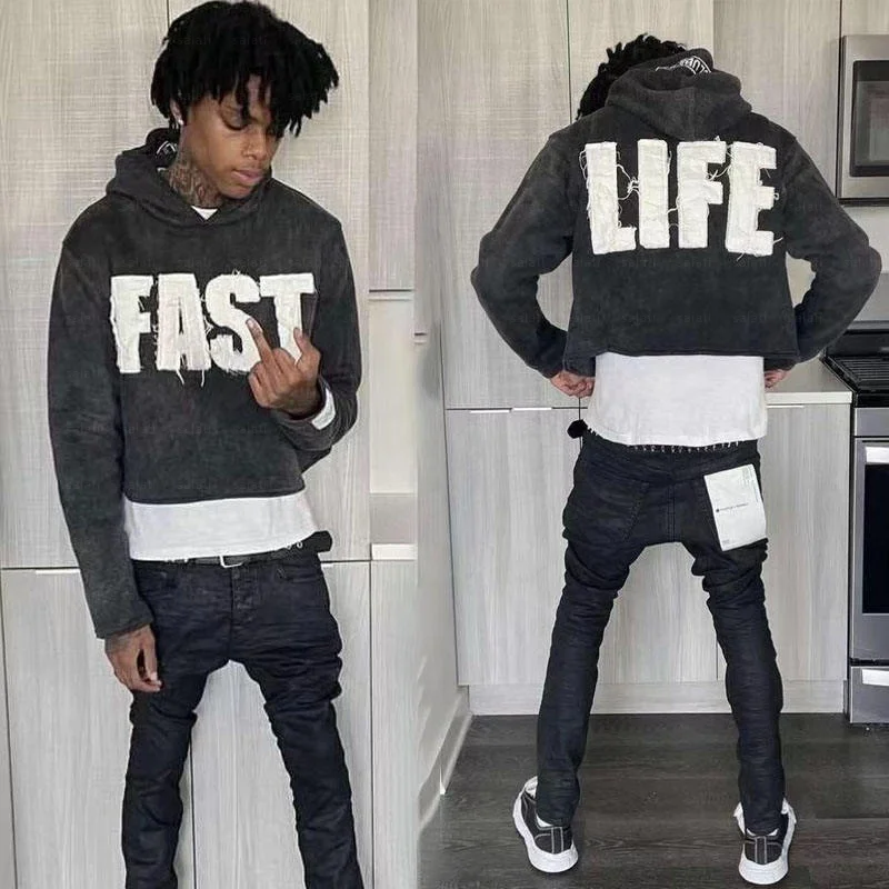 Pullover Sweatshirt Cotton French Terry Embroidery Patch Cropped Unisex Acid Wash Vintage Unisex Distressed Applique Hoodies Men gallery 2