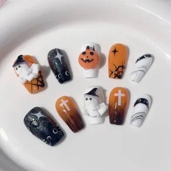 10 pcs/set Handmade Wearable Nails Halloween Series fake nail Trick or Treat Hand painted Cute press on nails