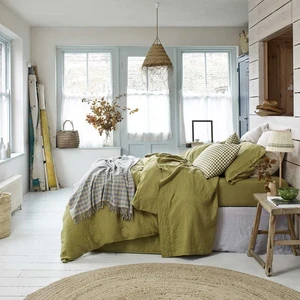 Ultra Soft French Gingham  Linen 14sx14s/50x54 104TC Stone Washed Linen Bed Sheet Set Flat Sheet Fitted Sheet and Pillowcase