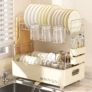 Iron & Plastic Kitchen Dish Rack & Storage Box ,Double-Tiered Folding Rack for Dish Bowl Sink Drain Rack for Household