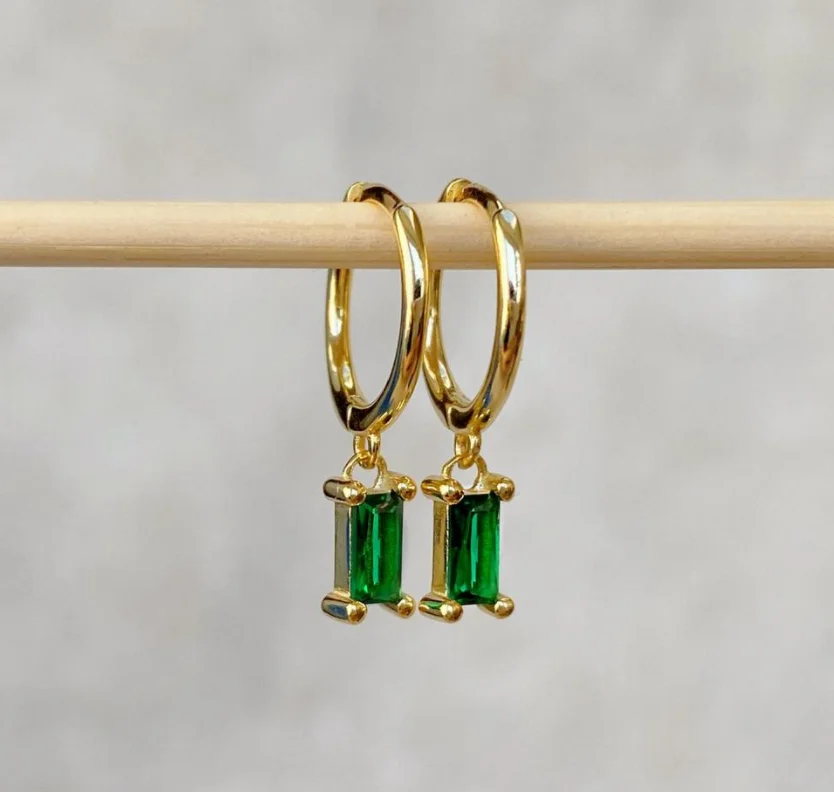Vintage Style Earrings Hoop Bezel Jewelry Emerald Baguette Hoop Earrings Small Green Stone Crystal Gold Earring for Women