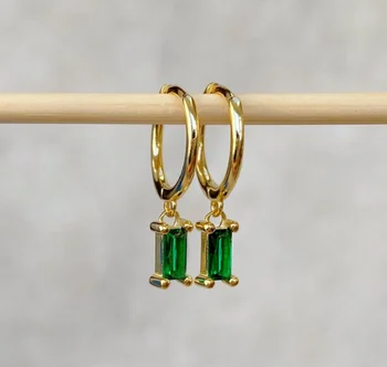 Dainty 18K Emerald Baguette Hoop Earrings Baguette Huggie Hoops Small Green Stone Crystal Thin Gold Earring Minimalist for Women